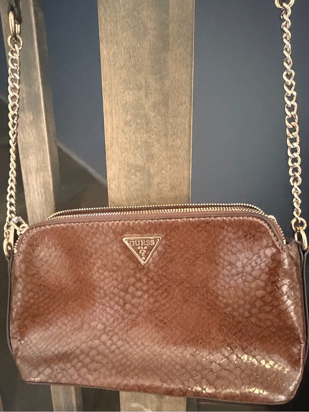 GUESS Brown Snake-Embossed Crossbody Bag with Gold Chain